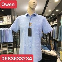 Áo sơ mi owen ngắn tay màu xanh nhạt họa tiết body fit vạt ngang vải sợi tre AB230035NT
