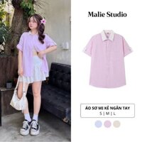 Áo Sơ Mi Oxford Nam Nữ Malie Studio Cổ Trắng Kẻ Sọc Ngắn Tay Form Rộng Phong Cách Hàn Quốc Unisex