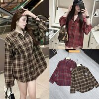 Áo Sơ Mi Phối Kẻ Dài Tay Form Giấu Quần Thêu MiuMiu Mới Về Có Size S M - Halinh Shop Phụ- Áo Sơ Mi Trùm Mông Kẻ Karo