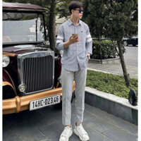 Áo Sơ Mi Phối Kẻ Xanh Tay Sọc Trắng Nam Nữ Chất Lanh Mềm Mại Không Nhăn Form Rộng UNISEX Hàn Quốc