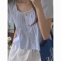 Áo Sơ Mi Phối Ren Sọc Xanh Mẫu Mới Mùa Hè Ngắn Tay Thiết Kế Cổ Vuông Thời Trang Cho Nữ