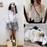Áo Sơ Mi Phối Viền Ren Hoa Cài Cúc Dài Tay, Áo Babydoll Dáng Ngắn Tay Phồng Ulzzang, Labibi