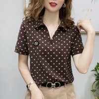 Áo Sơ Mi Phong Cách Nước Ngoài Áo Thun Ngắn Nữ Đa Năng Chấm Bi Rời Áo Sơ Mi Cổ Top