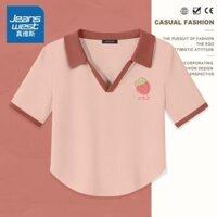 Áo sơ mi polo Jeanswest, áo thun ngắn tay vai phải, mùa hè nữ cổ chữ v mới sang trọng cổ nhỏ cổ chữ v xu hướng ins