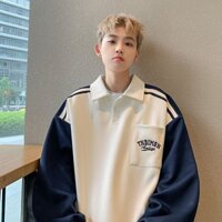 Áo Sơ Mi Polo Nam Xuân Thu Mỹ Phố Cao Cấp Đường Phố Mặc Nặng Rời Sinh Viên Raglan Tay Màu Tương Phản Áo Khoác Ve Áo / Đính Hạt 253.2