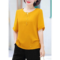 Áo Sơ Mi Quý Bà Dáng Rộng Kiểu Áo Sơ Mi Tay Lỡ Eo Rút - ÁO TRUNG NIÊN CAO CẤP 3A07 - VÀNG CỔ TRÒN 3A02 - XL 60-67KG