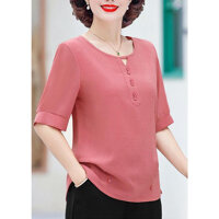 Áo Sơ Mi Quý Bà Dáng Rộng Kiểu Áo Sơ Mi Tay Lỡ Eo Rút - ÁO TRUNG NIÊN CAO CẤP 3A07 - HỒNG CỔ TRÒN 3A02 - L 50-60KG