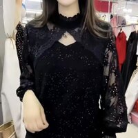 Áo Sơ Mi Ren Nữ Tay Dài Màu Đen Thời Trang Mới Plus Size Áo 2025