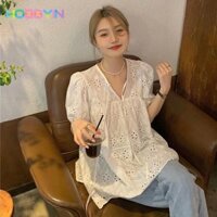 Áo sơ mi ren rỗng HOBBYIN, Áo sơ mi tay phồng cổ chữ V màu trắng, Áo sơ mi ngắn tay phong cách Pháp thoải mái cho nữ bé gái