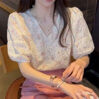 Áo sơ mi ren thêu hoa cao cấp kiểu Pháp, tay phồng thiết kế mẫu Mới Mùa Hè cho nữ, áo sang trọng ngọt ngào