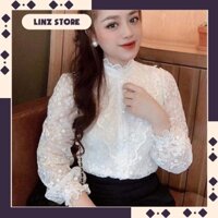 Áo sơ mi ren thiết kế bèo ngưc, Sơ mi ren cao cấp 2 lớp kiểu nữ cổ viền ren dài tay công sở Linzstore SM007