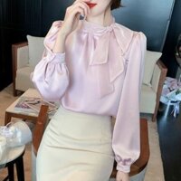 Áo Sơ Mi Ruy Băng Nơ Pháp Thiết Kế Tính Khí Bóng Siêu Cổ Tích Áo Sơ Mi Nhỏ Xuân Thu Voan Dài Tay Top