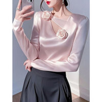 Áo Sơ Mi Satin Hoa Ba Chiều Màu Hồng Phong Cách Chanel Áo Sơ Mi Khoét Lỗ Kiểu Pháp Cao Cấp Phong Cách Tây Mẫu Mới Đầu Xuân 2025 Nữ