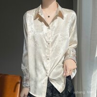 Áo sơ mi satin jacquard acetate cho phụ nữ 2025, thiết kế áo tang suit phong cách Trung Quốc vintage mới, áo blouse dài tay