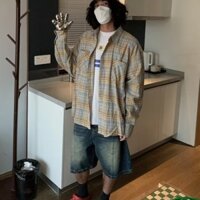 Áo Sơ Mi Sọc Ca Rô Phối Túi Lớn Thời Trang Nhật Bản Cá Tính Cho Nam Nữ