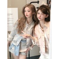 Áo Sơ Mi Sọc Cổ Tròn Áo Khoác Ngắn Nữ