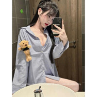 Áo sơ mi SỌC form rộng kèm GẤU BÔNG tay dài QT dáng dài đi chơi đi học đi làm nữ - Thiên Yết