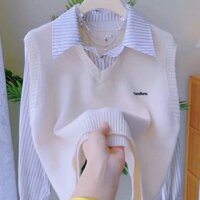 Áo sơ mi sọc giả hai mảnh cho phụ nữ, áo vest ngắn đan len đầu thu, áo trẻ trung