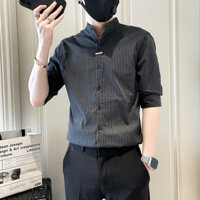 Áo sơ mi sọc nam, áo sơ mi mỏng cổ đứng kiểu Pháp