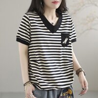 Áo Sơ Mi Sọc Nữ Thời Trang Cổ Chữ V Áo Thun Nữ Tay Ngắn Rời Tee Hàn Quốc Top 2025