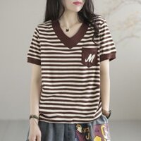 Áo Sơ Mi Sọc Nữ Thời Trang Cổ Chữ V Áo Thun Nữ Tay Ngắn Rời Tee Hàn Quốc Top 2025