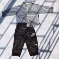 Áo sơ mi sọc phối 2 màu, quần jean đen túi trước