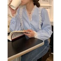 Áo sơ mi sọc ren cổ V kiểu Pháp cho phụ nữ, mùa xuân thu 2025, áo dài tay rộng rãi thanh lịch mới V250220116