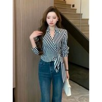 Áo sơ mi sọc thắt nơ eo SOBIN Big Size, sơ mi nữ SM120
