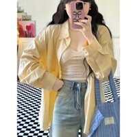 Áo Sơ Mi Sọc Vàng Siêu Trắng Áo Khoác Nữ Xuân Thu Cardigan Áo Sơ Mi Ngoài Rời Thường Ngày Phù Hợp Với Dài Tay Hợp Thời Trang