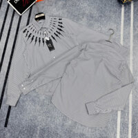 Áo sơ mi Sọc Xám phối tia sét 5D lụa dệt kim hàng cao cấp