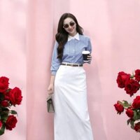 Áo sơ mi sọc xanh đậm phối cổ trắng Tmee - Thiết kế sọc thanh lịch, chất vải mềm mịn cho chị em