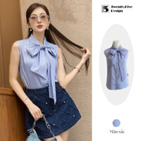 Áo sơ mi sọc xanh dáng sát nách, phối nơ buộc cổ cách điệu Twenty.Five AL35