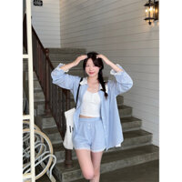 Áo Sơ Mi Sọc Xanh Phối Tay Ren - Quần Sọc Xanh Viền Ren Nơ (sẵn)