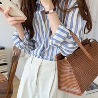 Áo sơ mi sọc Yuewen Feel dài tay dáng rộng Hàn Quốc Áo sơ mi tươi mát