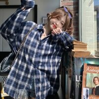 Áo sơ mi SUXI nữ tay dài dáng rộng họa tiết caro màu xanh dương phong cách vintage thời trang mùa xuân mới