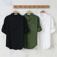 Áo Sơ Mi Tay Ba Phần Tư Vải Lanh Cotton Nam M-3XL Đơn Giản Màu Trơn Phong Cách Nhật Bản Văn Học Phong Cách Bông Tai Kẹp Áo Sơ Mi Cổ Đứng Hợp Thời Trang Dài / Nửa Tay Top Phong Cách Trung Hoa Nam Nữ Vải Lanh Inch Áo Sơ Mi Nam Trưởng Thành Hợp Thời Trang