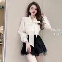 Áo sơ mi tay bồng cổ nơ khuy ngọc tiểu thư _ Hàng loại đẹp