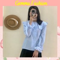 Áo Sơ Mi Tay Dài Cúc Ngọc, Có Nhún Bèo - Áo Sơ Mi Cổ Rộng Tay Bo Chun A091