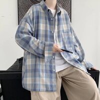 Áo sơ mi tay dài dáng rộng kẻ sọc caro phong cách Nhật Bản thời trang cho nam size M-3XL