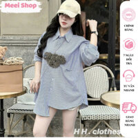 Áo Sơ MI Tay Dài Form Rộng Kèm Khuyên Gấu Nữ Tính Meei Shop, Áo Sơ Mi Sọc Phối Tà Cách Điệu Phong Cách HQ Sang TRọng-A69