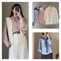 Áo sơ mi tay dài form rộng oversize kèm choàng tháo rời chất mềm mịn ( có sẵn )