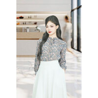 Áo Sơ mi tay dài  vải lụa hồng tím hoa nhí xanh dáng suông cổ xếp buộc dây ADB159HOTI