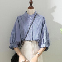 Áo Sơ Mi Tay Lỡ 3 / 4 Cổ Đứng Cài Nút Trước Họa Tiết Kẻ Sọc Phong Cách vintage Hàn Quốc Cho Nữ