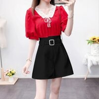 Áo sơ mi tay lỡ cổ viền ren phối nơ tiểu thư, xinh xắn hàng Quảng Châu cao cấp