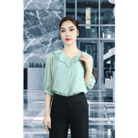 Áo sơ mi tay lỡ tơ xanh ngọc bèo cổ tim ADB2241XNG