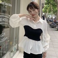Áo sơ mi tay loe phối màu trắng đen sang chảnh Lovi