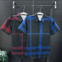 Áo sơ mi tay ngắn chất lụa mango sọc caro hai màu xanh đỏ đường may chi tiết ti mỉ STN06