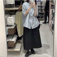 Áo sơ mi tay ngắn dáng rộng kẻ sọc caro phong cách Hàn Quốc thời trang mùa hè cho nữ màu xanh lam nhạt siêu xinh xắn