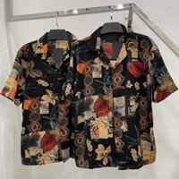 Áo sơ mi tay ngắn hoạ tiết hoa đào cam vải lụa mango áo cuban shirt ngắn tay cổ vest mùa hè