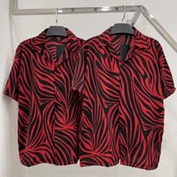 Áo sơ mi tay ngắn hoạ tiết vắn đỏ vải lụa mango áo cuban shirt ngắn tay cổ vest mùa hè